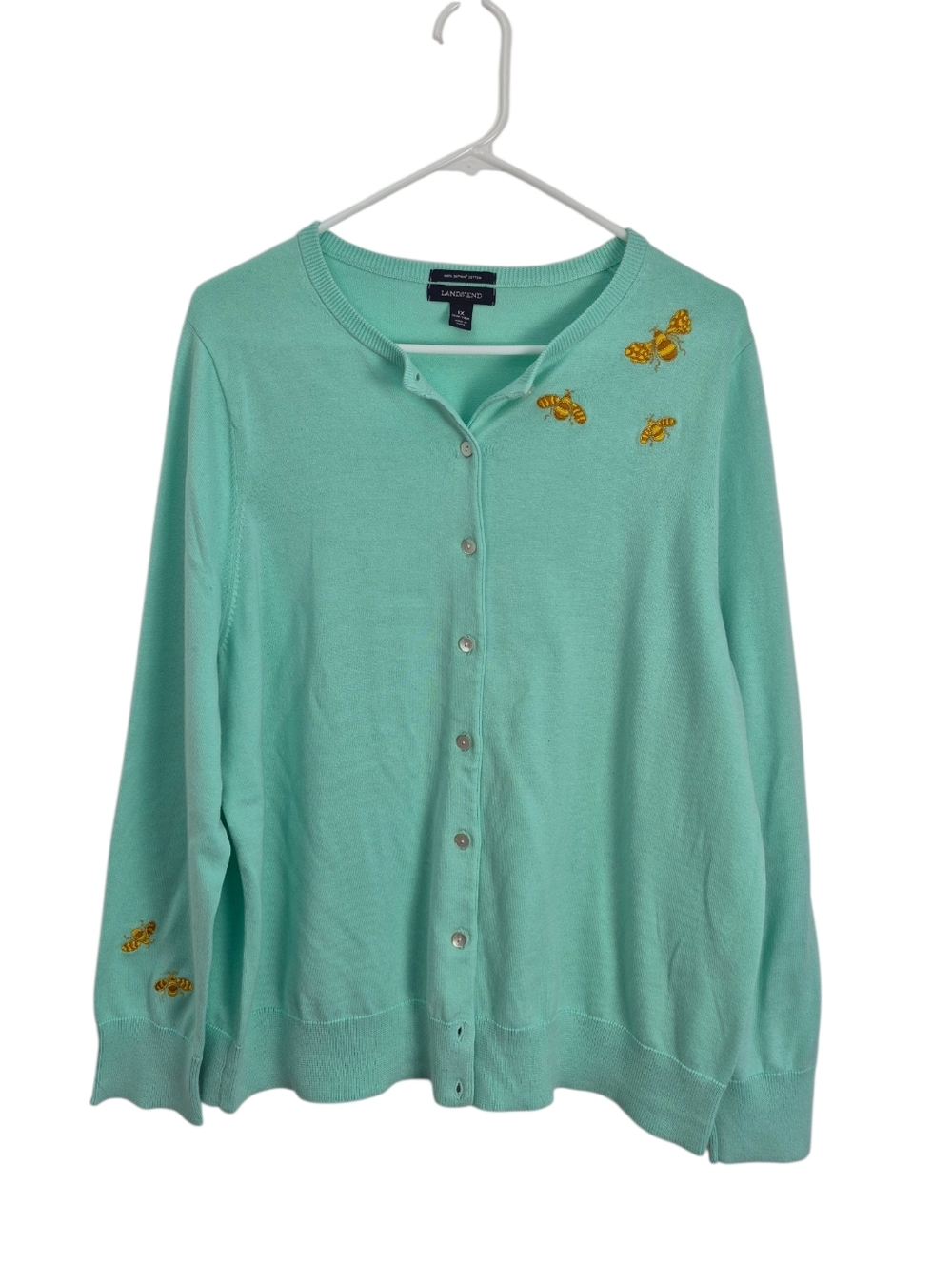 Lands' End Supima Cotton Embroidered Bees Cardigan 1X Green Cottage Preppy Twee